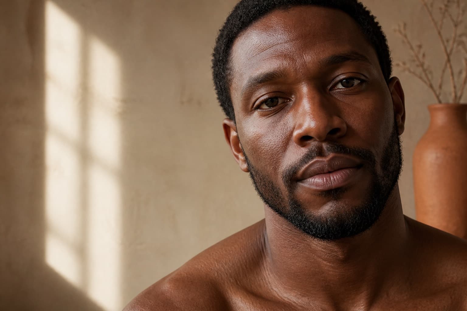 Close portrait of a man with deep brown skin in soft natural window light