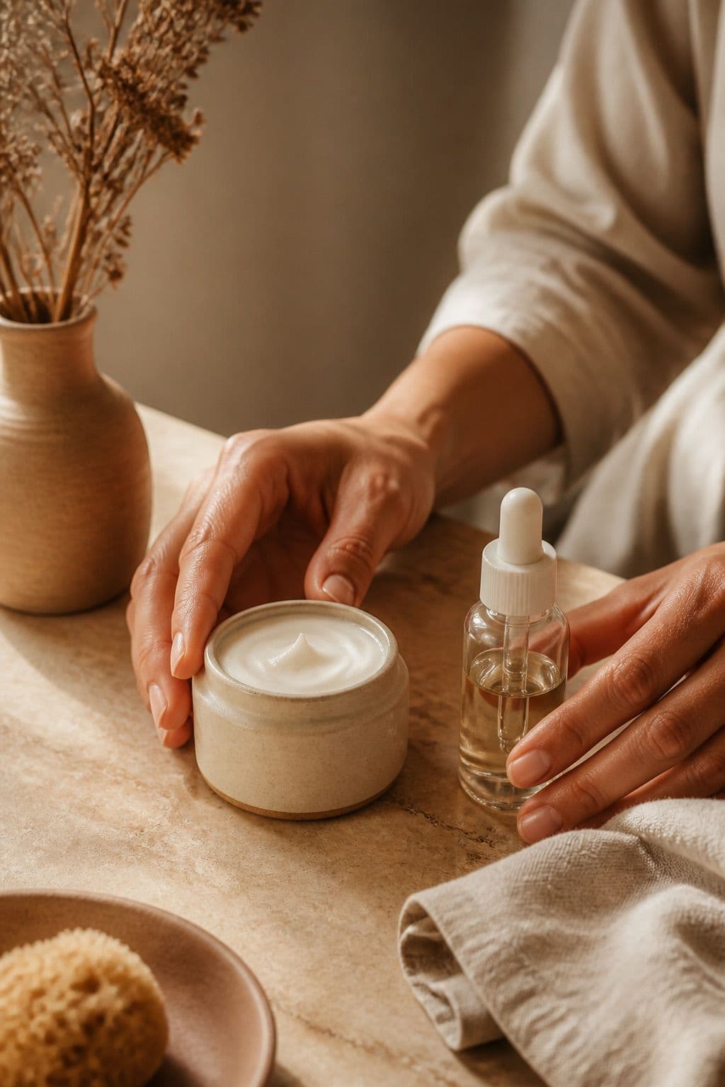 Hands reaching for a cream jar and dropper bottle on warm stone with linen